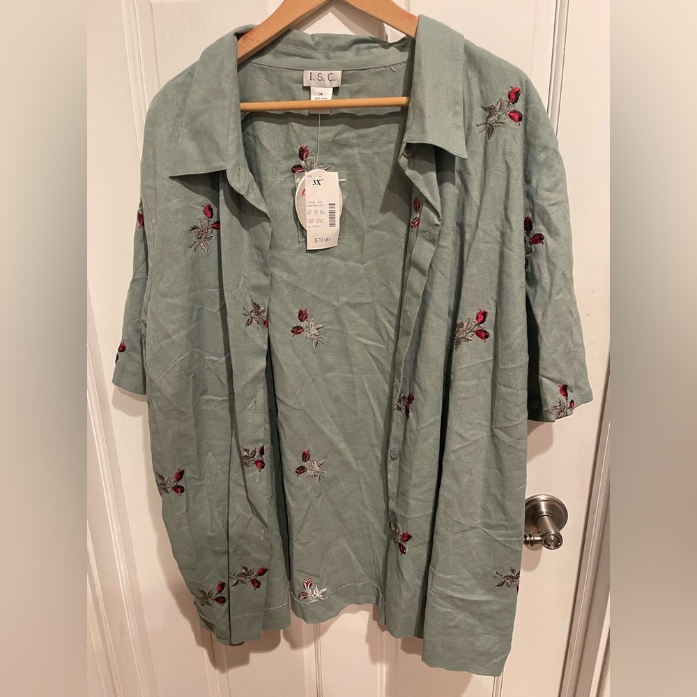I.S.C. Linen Blend Mossy Green Embellished Sleeveless Tank and Blouse Combo 3X - Picture 7 of 8